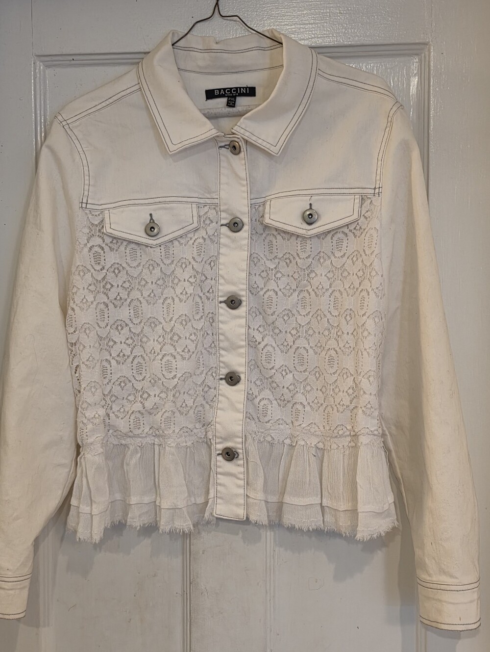 Baccini PXL White Lace Denim Jacket Cottagecore Boho Ruffle